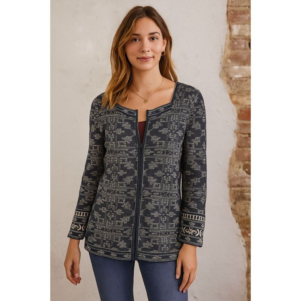 Peruvian Connection Pima Cotton Print Knit Cardigan Jacket in Gray and Cream M